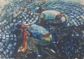 Karácsonyi Irén (1908-1992): Kockakővet fektetők. Tempera, olaj, papír. Jelzés nélkül. Üvegezett fakeretben, 38,5×49,5 cm