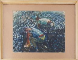 Karácsonyi Irén (1908-1992): Kockakővet fektetők. Tempera, olaj, papír. Jelzés nélkül. Üvegezett fak...