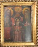 Ikon - Szűz Mária megkoronázása. Keleti ortodox ikonfestő, 18-19. század, sérüléssel, kissé sérült antik blondel keretben, 53x42 cm, 65x54 cm  ///  A keleti ortodox ikonművészetben rendszeresen feltűnik Szűz Mária megkoronázásának jelenete. A kompozíciókon általában az Atya és Krisztus látható, ahogy Szűz Mária fejére helyezik a corona virginumot. A szimbolika középpontjában Mária alázata és kiválasztottsága áll, közbenjáró szerepét és az egyház anyjaként betöltött helyét hangsúlyozza. A jelen aukción szereplő ikon feltehetően orosz ikonfestő munkája, és a megszokottnál nagyobb méretben készült.  ///   Icon - The Coronation of the Virgin Mary. Eastern Orthodox icon painter, 18th?19th century. With damage; in a slightly damaged antique blondel frame. 53 × 42 cm (panel), 65 × 54 cm (frame).  ///  In Eastern Orthodox icon art, the scene of the Coronation of the Virgin Mary appears regularly. The compositions typically depict the Father and Christ placing the corona virginum upon the head of the Virgin Mary. The symbolism centers on Mary?s humility and chosenness, emphasizing her role as an intercessor and her position as the Mother of the Church. The icon featured in the present auction is presumably the work of a Russian icon painter and was executed in a larger-than-usual size.
