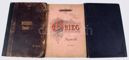 3 db régi, német nyelvű kotta: Felix Mendelssohn Bartholdy: Sämmtliche Lieder und Gesänge für eine Singstimme mit Pianofortebegleitung.; Edvard Grieg: 60 ausgewählte Lieder für eine Singstimme und Klavier.; [Carl Maria von] Weber: Der Freischütz. Oper in 3 Akten. Változó állapotban.