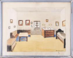 Póth István József (1898-1957): Enteriőr képekkel és bútorokkal. Akvarell, papír. Jelzett. Üvegezett, sérült fakeretben, 44×60 cm