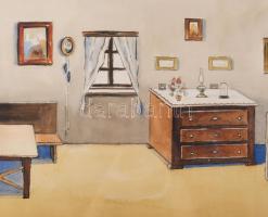 Póth István József (1898-1957): Enteriőr képekkel és bútorokkal. Akvarell, papír. Jelzett. Üvegezett...