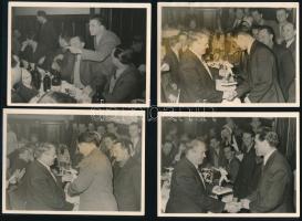 cca 1950-1956 Vacsora est az Aranycsapat tagjaival, rajtuk herendi labdarúgó figurák átadásával, a képeken Puskás Ferenc, Kocsis Sándor és mások, 4 db fotó, a hátoldalakon pecséttel jelzettek ("Riport Fotopa"), 9x12 cmx4