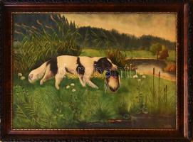 Szakály Antal (-): Vadászzsákmány (vadászkutya vadkacsával), 1954. Akvarell, papír. Jelezve jobbra lent. Üvegezett,dekoratív, kissé sérült fakeretben. 60x86 cm