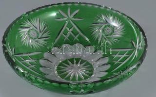 Zölden pácolt ólomkristály asztalközép kínáló, hibátlan, d: 28 cm