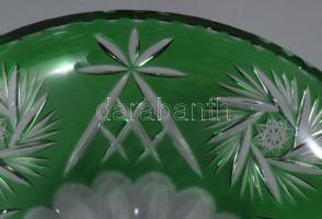Zölden pácolt ólomkristály asztalközép kínáló, hibátlan, d: 28 cm