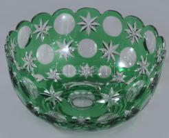 Zölden pácolt ólomkristály asztalközép kínáló, hibátlan, d: 22 cm