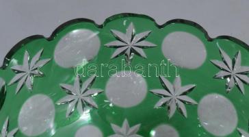 Zölden pácolt ólomkristály asztalközép kínáló, hibátlan, d: 22 cm