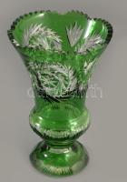 Nagyméretű zölden pácolt ólomkristály váza, gazdagon csiszolt mintával, jelzés nélkül, hibátlan, m: 31 cm