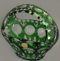 Zölden pácolt ólomkristály kosár kínáló, gazdagon csiszolt mintával, jelzés nélkül, hibátlan, 16x15 cm