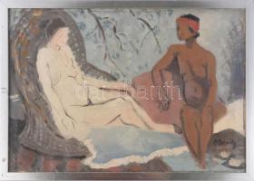 Olvashatatlan jelzéssel (A Bositz?), XX. sz. első fele-közepe: Fürdőzők (női aktok). Olaj, vászon. Proveniencia: Saphier-gyűjtemény. Dekoratív fakeretben. 38,5×55 cm