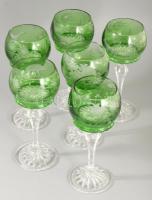 Zölden pácolt vadászmintás ólomkristály talpas pohár szett, 6 darab, hibátlan, m: 20,5 cm