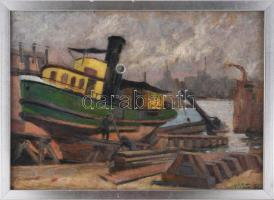 Vass E jelzéssel: Kikötő. Olaj, karton. Proveniencia: Saphier-gyűjtemény. Dekoratív fakeretben. 34,5×49 cm