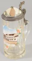 ca 1900 Üdvözlet Szeniczről ( Szenice (szlovákul: Senica, SK, Felvidék) képes sörös korsó, 0,3l, ón és kristály tetővel. 20 cm