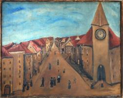 Városi látkép toronyórával. Olaj, vászon, fa keretben, beépített mechanikus óraszerkezettel. hátulján deszka merevítéssel. XX. sz. eleje.