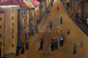 Városi látkép toronyórával. Olaj, vászon, fa keretben, beépített mechanikus óraszerkezettel. hátuljá...