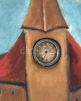 Városi látkép toronyórával. Olaj, vászon, fa keretben, beépített mechanikus óraszerkezettel. hátuljá...