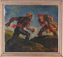 Gebhardt Béla (1901-1990): Haramiák. Olaj, karton. Jelzett. Proveniencia: Saphier-gyűjtemény. Sérült. Dekoratív, kopott fakeretben. 35×40 cm