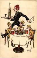 Humoros magyar katonai művészlap pincérrel. Kiadja a Ludovika Akadémia Levente-köre / Hungarian military art postcard, humour s: Szabó (EB)