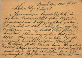 1939 Herz Arnold levele Orosházáról Fischer Imre úrnak Budapestre Herz nagyapa születési bizonyítván...