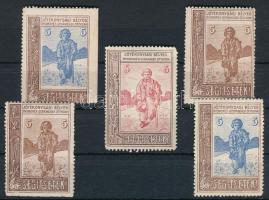 1908 5 db klf Segítsetek" segélybélyeg, szín-, fogazat- és nyomás változatok