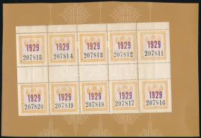 1929 MÁV 1929. évi éves bérlet matrica sorszámozott tízes ív középen dupla fogazással