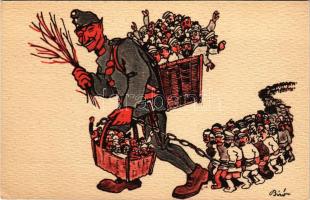 Humoros első világháborús grafikai lap. A Központi hatalmak Krampusza láncon vezeti az Antant hatalmak katonáit. Kiadja a Magyar Földrajzi Intézet Rt. / WWI Austro-Hungarian K.u.K. military propaganda. Central Powers Krampus leads the Entente Powers' soldiers on chain. Anti-Entente Powers mocking art postcard. s: Biró (EK)