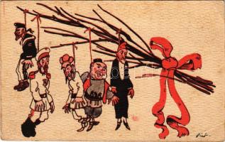 1915 Humoros első világháborús grafikai lap. A Központi hatalmak Krampuszának virgácsán lógnak az Antant hatalmak. Kiadja a Magyar Földrajzi Intézet Rt. / WWI Austro-Hungarian K.u.K. military propaganda. Entente Powers hanging on the birch of the Central Powers Krampus. Anti-Entente Powers mocking art postcard. s: Biró (EB)