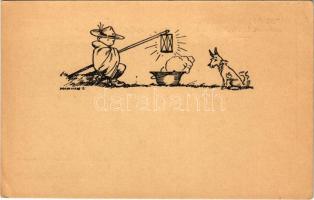 Cserkész kutyával. Hárshegyi Cserkészpark. Budapest II. Hárshegyi út 5. / Hungarian boy scout art postcard s: Márton L. (lyuk / pinhole)