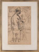 Bartha László (1908-1998): Halász (1932 és 1940 között). Szén, papír. Jelzés nélkül. 41,5×35 cm. Üvegezett fakeretben, paszpartun ázásnyommal.