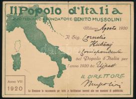 1920 Vitéz hibbei és gyurinesszei Kubányi Kornél (1888-1969) a magyar külügyminisztérium sajtóreferensének belépőkártyája az olasz Il Popolo d'Italia, Benito Mussolinihez köthető laphoz, a hátoldalon pecséttel, számozással (242), Benito Mussolini (1883-1945) olasz fasiszta politikus nyomtatott aláírásával, szakadt./  1920 Kubányi Kornél (1888-1969) access card of the press officer of the Hungarian Ministry of Foreign Affairs to the "Il Popolo d'Italia", the newspaper of Benito Mussolini, with printed signature of Mussolini, damaged.