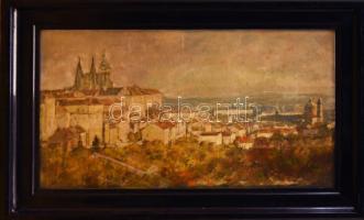 Vlastimil Piha (1920-): Prágai panoráma. Olaj, tempera, karton. Jelezve bal lent (halványan). Kisebb felületi sérülésekkel (festéklepergésekkel). 53×97 cm. Üvegezett fakeretben. KIZÁRÓLAG SZEMÉLYES ÁTVÉTEL, NEM POSTÁZZUK! / ONLY PERSONAL COLLECTION AT OUR OFFICE