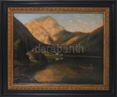 Olvashatatlan jelzéssel: Csónakos a tavon. Olaj, vászon. 54,5×68,5 cm. Dekoratív fakeretben.
