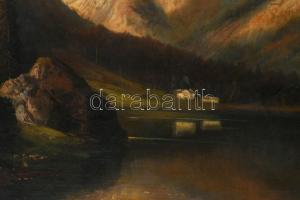 Olvashatatlan jelzéssel: Csónakos a tavon. Olaj, vászon. 54,5×68,5 cm. Dekoratív fakeretben