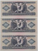 1975. 20Ft (3db) 2x sorszámkövetők + 1 közeli sorszám "C 609 159601 - C 609 159602, C 609 15960...