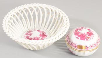 Herendi Indiai kosár mintás bonbonniere és fonott kosár. Kézzel festett, jelzett, hibátlan d: 6 cm, 13 cm