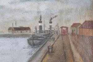 Cserepes jelzéssel: Kikötő. Olaj, karton. Hátoldalán töredékes régi Nemzeti Szalon raglappal. 30×32,...