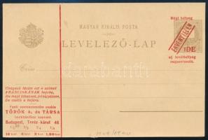 1900 Török Bankház felülnyomású használatlan milleniumi díjjegyes levelezőlap - a női fejet ábrázoló cimke hiányzik