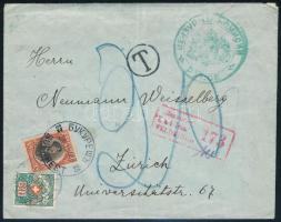 1917 Bolgár posta Romániában bolgár bélyeggel Bukarestben feladott levél, bolgár és osztrák-magyar cenzúrával Svájcba küldve, és ott portózva