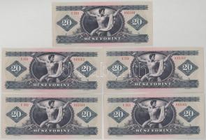 1975. 20Ft (5db) 4x sorszámkövetők + egy közeli sorszám "C 353 045160 + C 353 045162 - C 353 04...