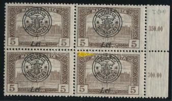 Nagyvárad 1919 Magyar Posta 5K négyestömb lemezhibával, Bodor vizsgálójellel