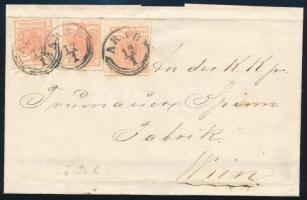 ~1855 3 x 3kr MP III, a középső bélyeg üreges nyomat levélen "ARAD" - Wien