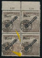 Nagyvárad 1919 Arató 20f négyestömb lemezhibával, Bodor vizsgálójellel