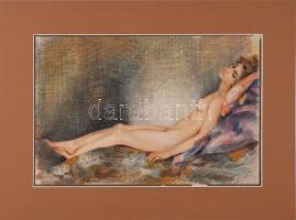 Reuter Ágoston (1893-1966): Fekvő női akt, 1931. Vegyes technika, papír. Jelezve jobbra lent Paszpartuban. 22×33 cm.