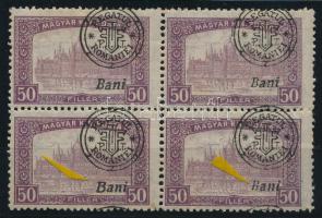 Nagyvárad 1919 Parlament 50f négyestömb elcsúszott felülnyomással, Bodor vizsgálójellel