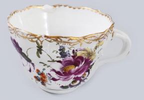 Meissen antik kézzel festett teás csésze, aljjal, jelzett, aranyozáson kopással, csészén lepattanáss...