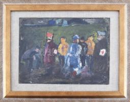 Jelzés nélkül, XX. sz. magyar festő: Jelenet. Olaj, karton. Proveniencia: Saphier-gyűjtemény. Üvegezett, kopott fakeretben. 17,5x23,5 cm