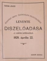 1928 Budapest Szföv. Testnevelési Felügyelősége Levente díszelőadása a Városi Színházban, meghívó és műsor, kihajtható, kisebb lapszéli szakadásokkal, kihajtva: 54x24 cm