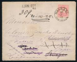 1882 Ajánlott levél 5+10kr bérmentesítéssel, többszörösen továbbküldve, hozzá leírás