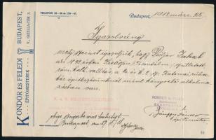 1918 Bp., Kondor és Feledi építőmesterek által kiállított igazolás Puljer Jakab részére, aki ,,a cs. és k. 2. sz. katonai ruhatár építkezésünknél mint könyvelő alkalmazásban van", Bánffy Sándor építőmester aláírással, "K. u. K. Militärbauleitung" bélyegzéssel